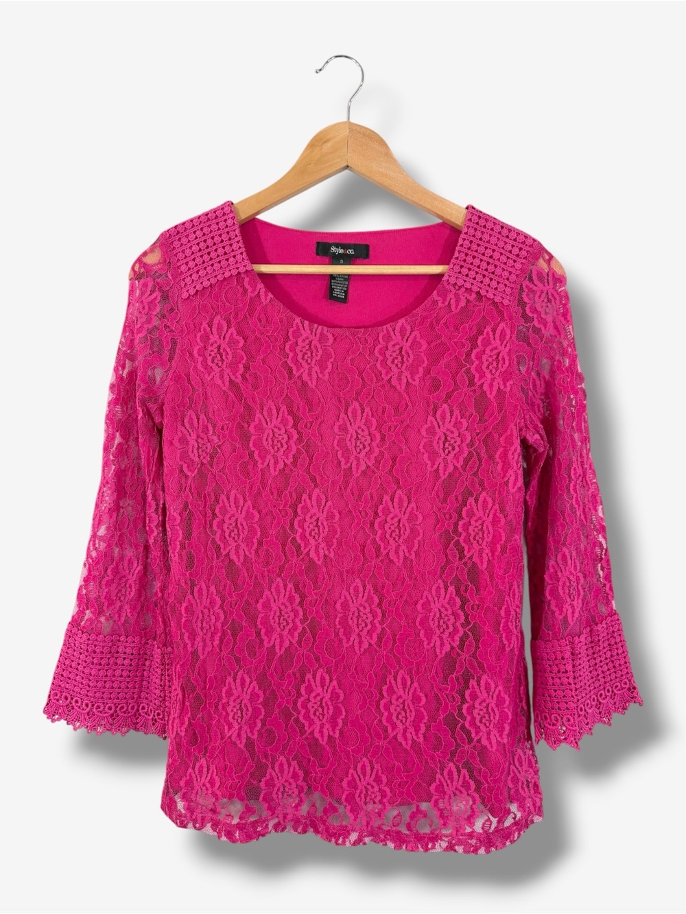 Style & Co Pink Lace Crochet Top Size S Vintage Boho Casual 90s Y2K 3/4 Sleeve